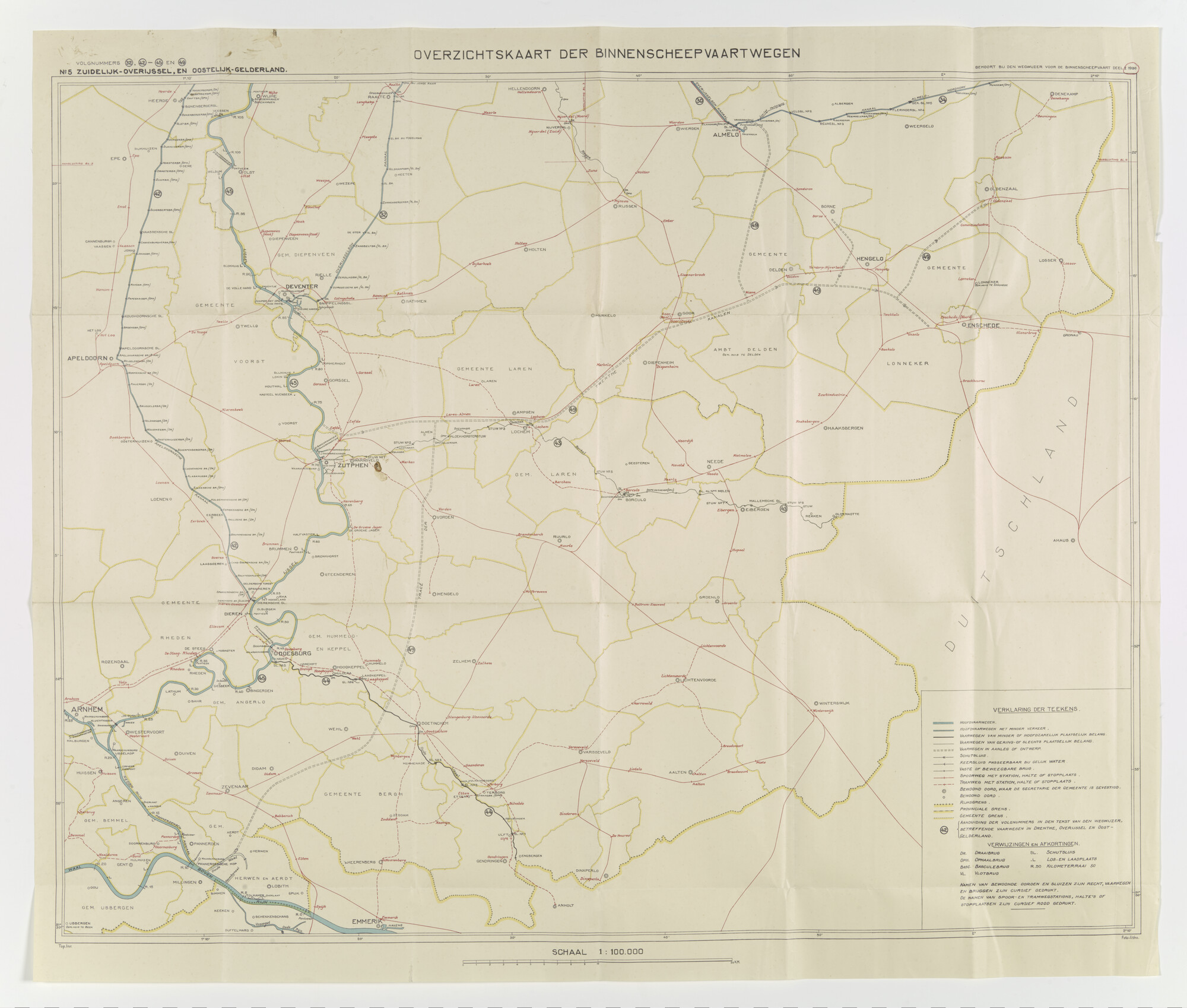 2015.4467; Overzichtskaart der binnenscheepvaartwegen. No. 5 Zuidelijk-Overijssel, en Oostelijk-Gelderland; kaart