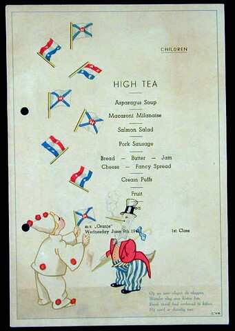 1994.4572; Menukaart met kindermenu voor de High Tea aan boord van ms. 'Oranje', 9 juni 1948; menukaart