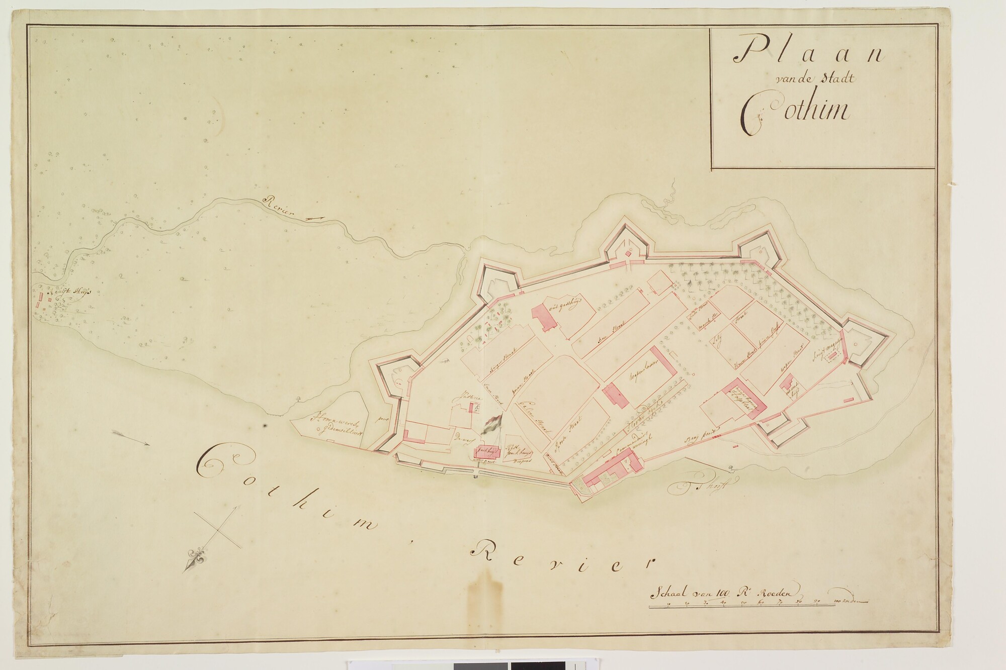 A.2444(05); Gekleurde handschriftkaart van de stad Cothim in Malabar; landkaart