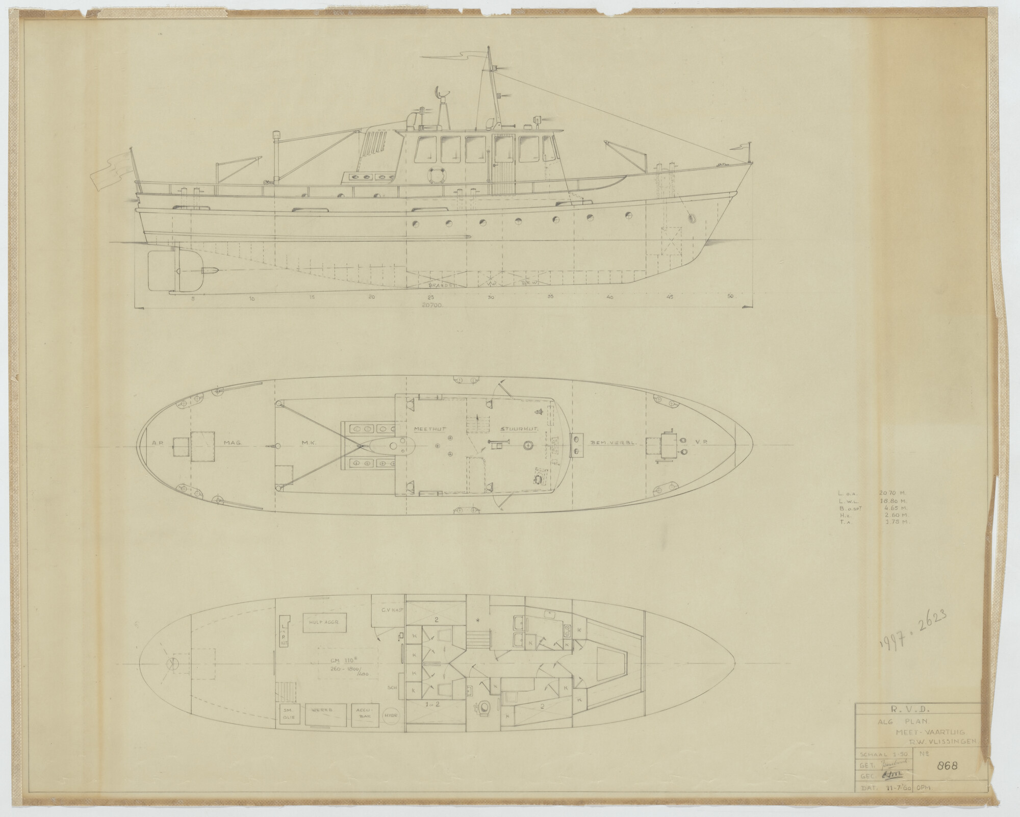 1997.2623; Algemeen plan meetvaartuig Rijkswaterstaat Vlissingen; technische tekening