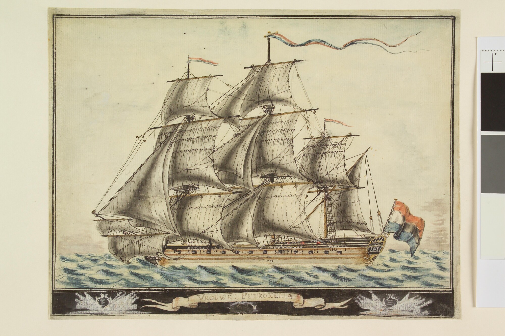 A.2637; Het retourschip 'Vrouwe Petronella' van de kamer Enkhuizen van de VOC; tekening