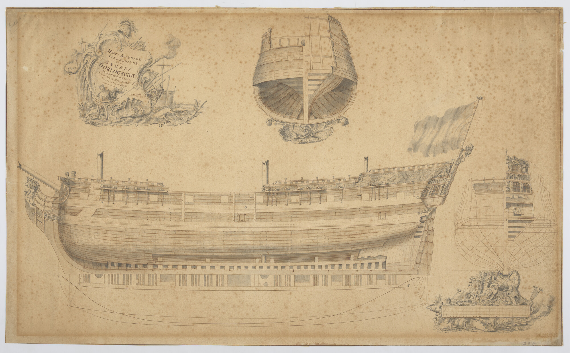 S.0817; Meetkundige afbeelding van een Engels oorlogsschip van de zesde rang van 20 stukken; tekening