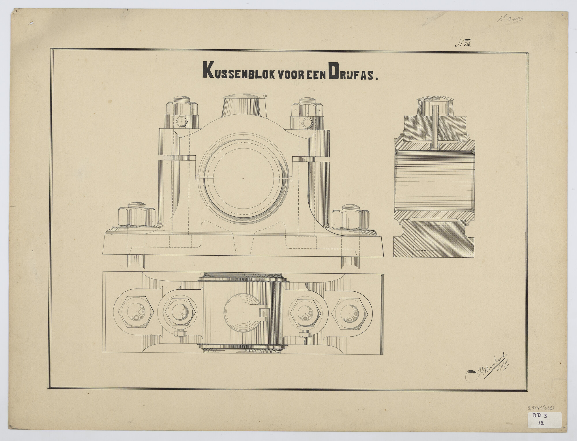 S.5181(038); Inleiding in de eerste beginselen rechtlijnig, bouwkunstig- en werktuigbouwkunstig tekenen: kussenblok voor een drijfas; technische tekening