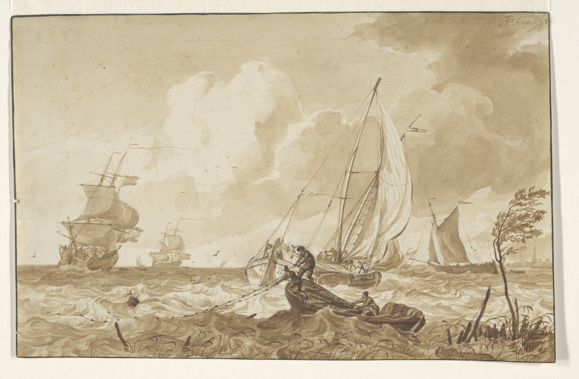 A.0149(0360); Een rede met twee oorlogsschepen en twee tjalken; tekening