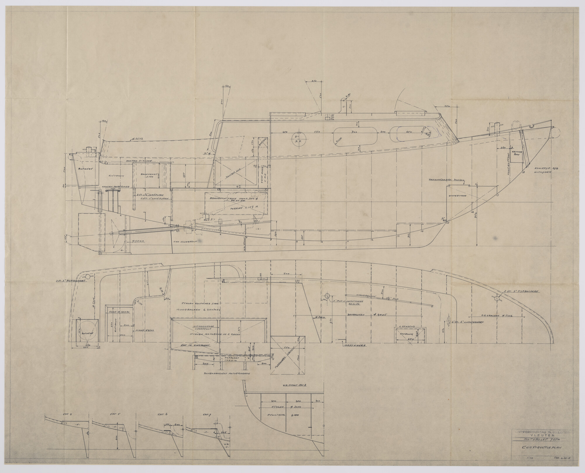 2010.0438; Constructieplan Motorvlet van 7.65 meter; technische tekening