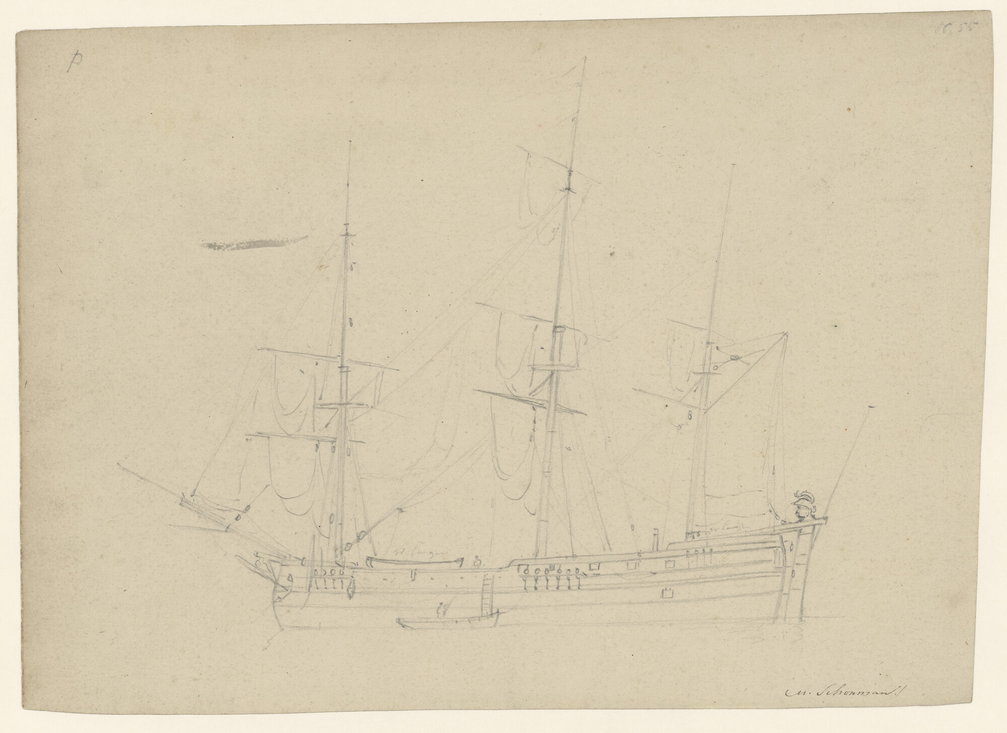 A.5203(18); Een driemasthoeker; tekening