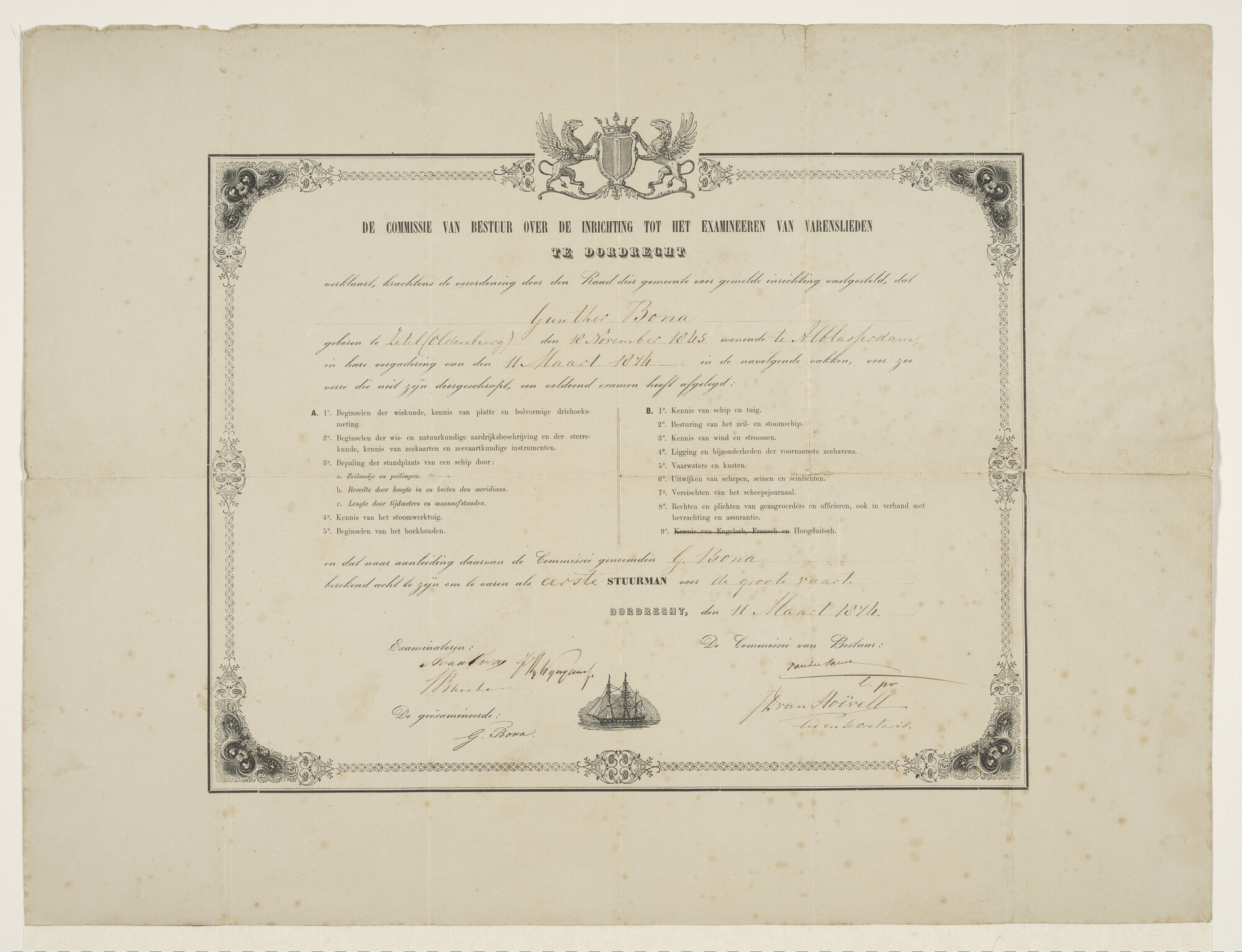 S.1224(04)1; Diploma eerste stuurman grote vaart van de Inrigting tot Examineren van Varenslieden te Dordrecht; prent