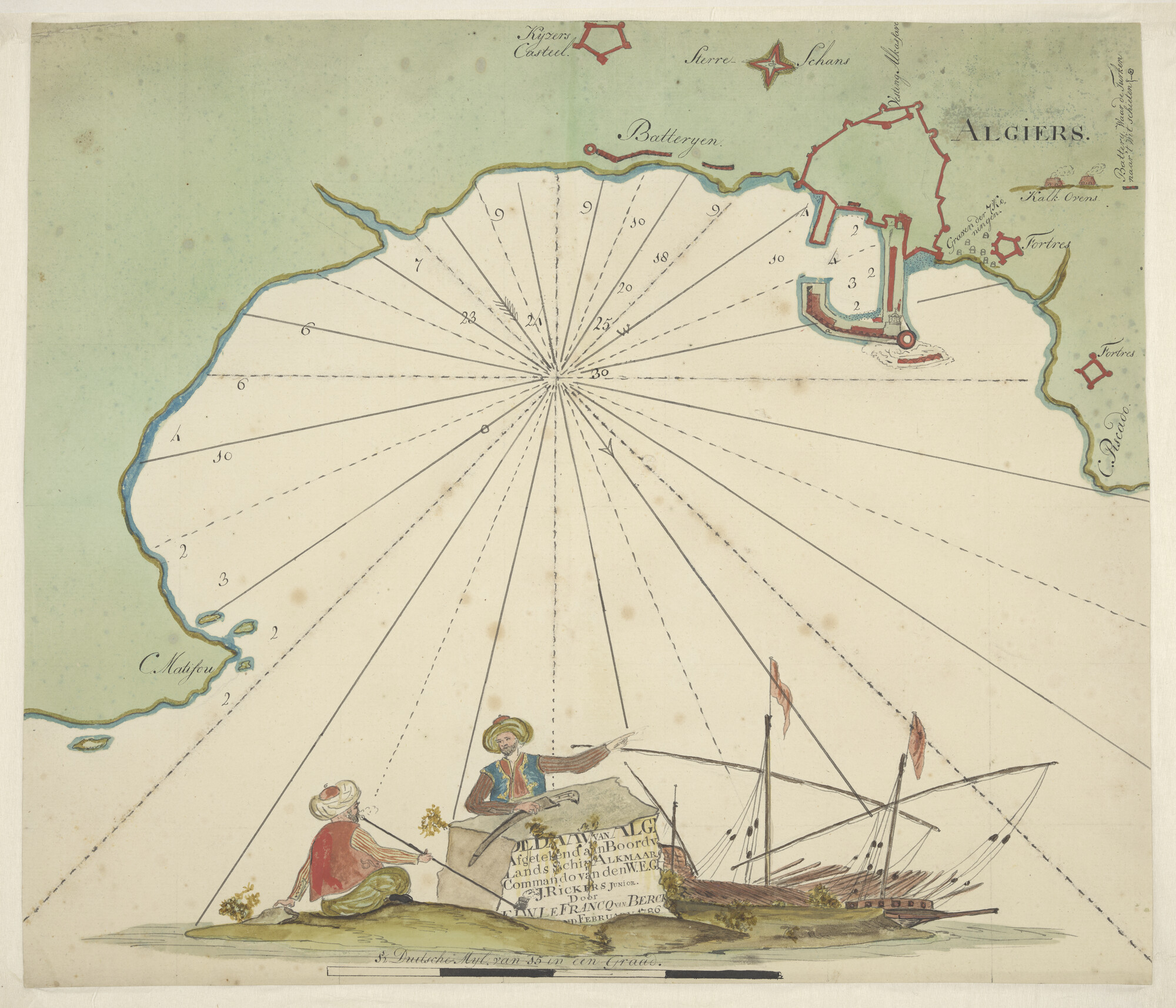 A.1744(01)a; Gekleurde handschriftkaart van de baai van Algiers in Algerije; zeekaart