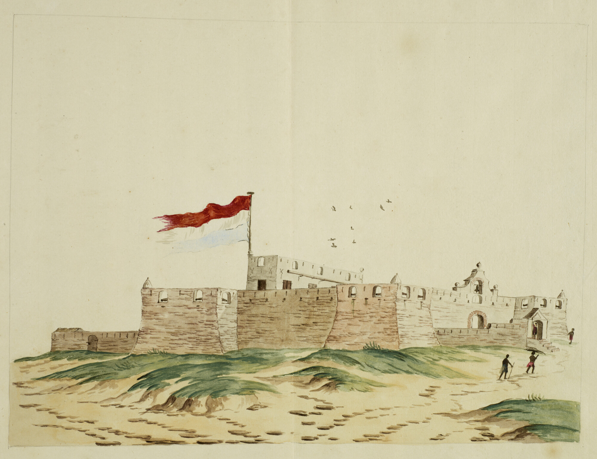 2004.5212; Het Nederlandse fort Crevecoeur aan de kust van West-Afrika; tekening
