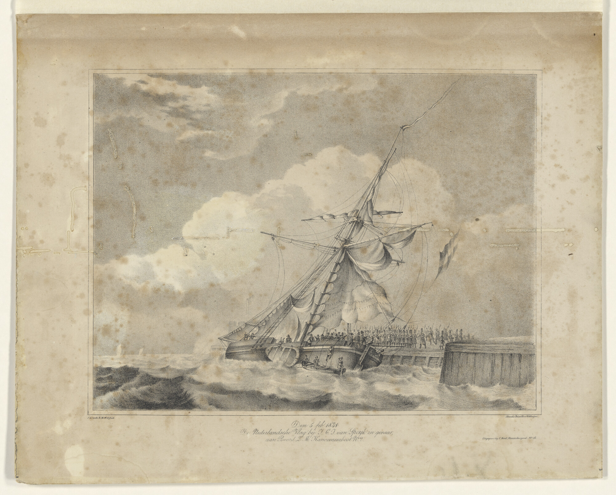 1991.0021; Kanonneerboot No.2. aan lager wal te Antwerpen, 5 februari 1831; prent