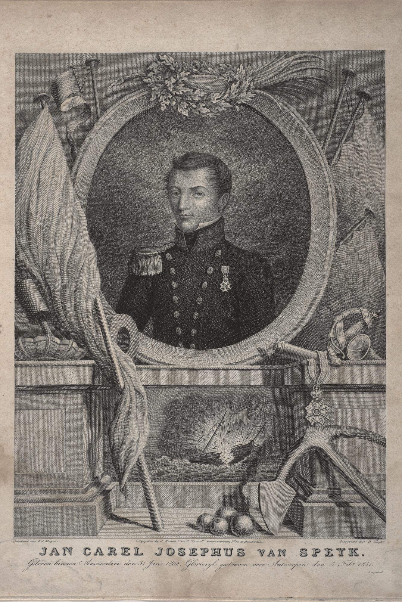 A.0482(03)12; Portret van J.C.J. van Speijk in ovaal omgeven door vlaggen; prent