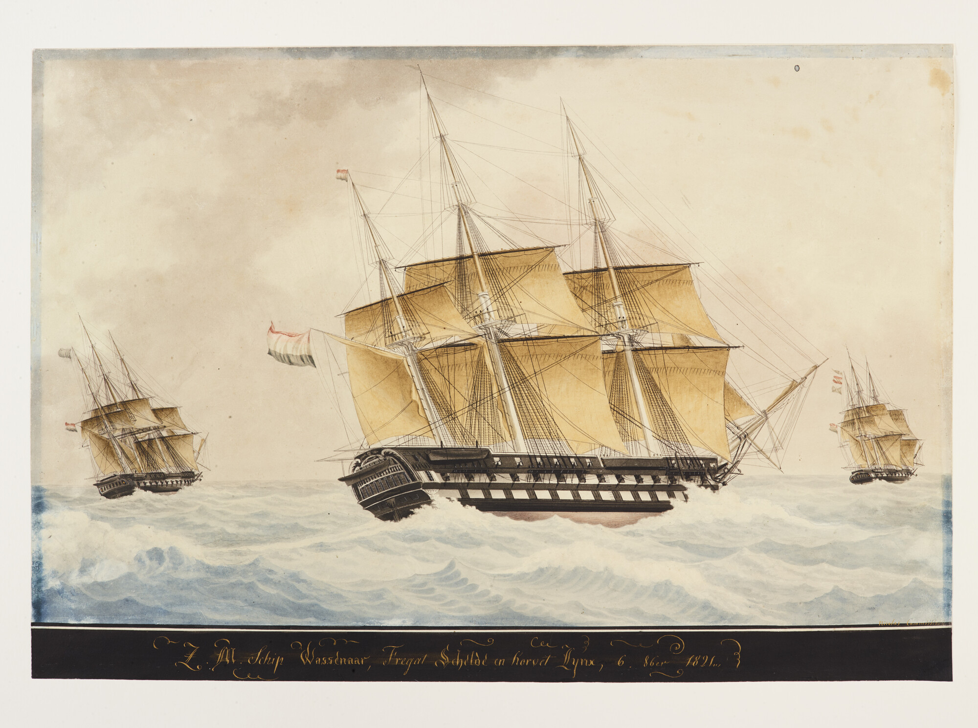 S.1277(01)22; Het linieschip Zr.Ms. Wassenaar en het fregat Zr.Ms. Schelde en het korvet Zr.Ms. Lynx; tekening