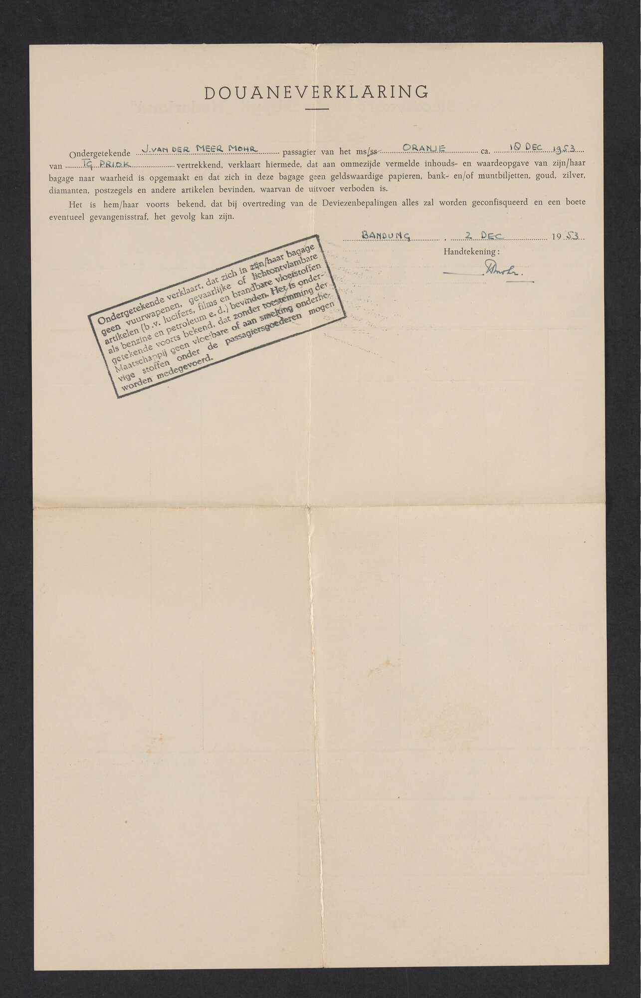 2019.0671; Fotoalbum van het echtpaar Jan van der Meer Mohr en Johanna van der Meer Mohr-van Ruler van hun reis op ms. Oranje van Tandjong Priok naar Amsterdam tussen 18 december 1953 en 7 januari 1954; fotoalbum