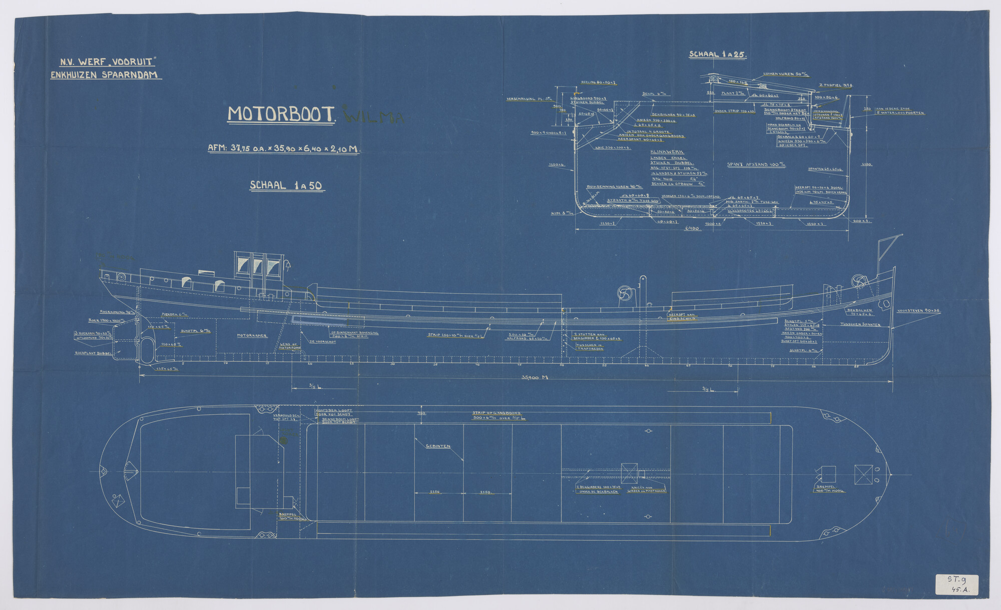 S.4827(0898); Algemeen plan van de motorboot Wilma; technische tekening