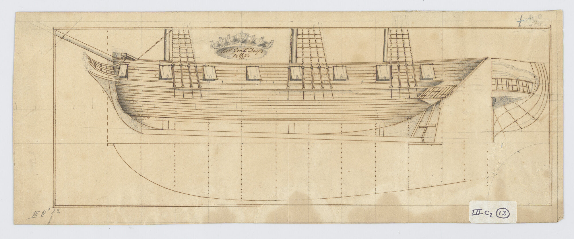 S.0188(23)23; Lijnenplan van het driemastschip 'Vredenhof'; technische tekening