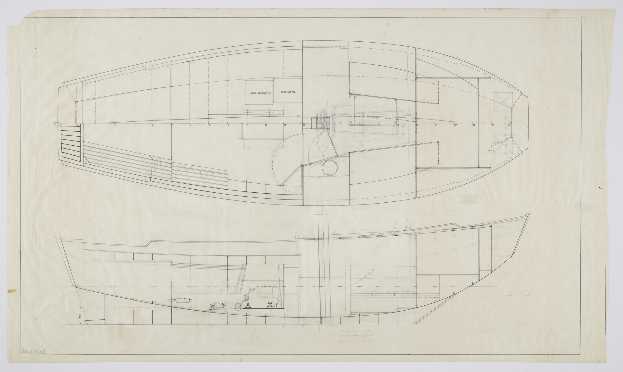 2012.0458; Constructieplan (gewijzigd ontwerp) van de gedeeltelijk open vissersmanschouw 'Voorloper' van 9.95 m (lengte over de stevens); technische tekening
