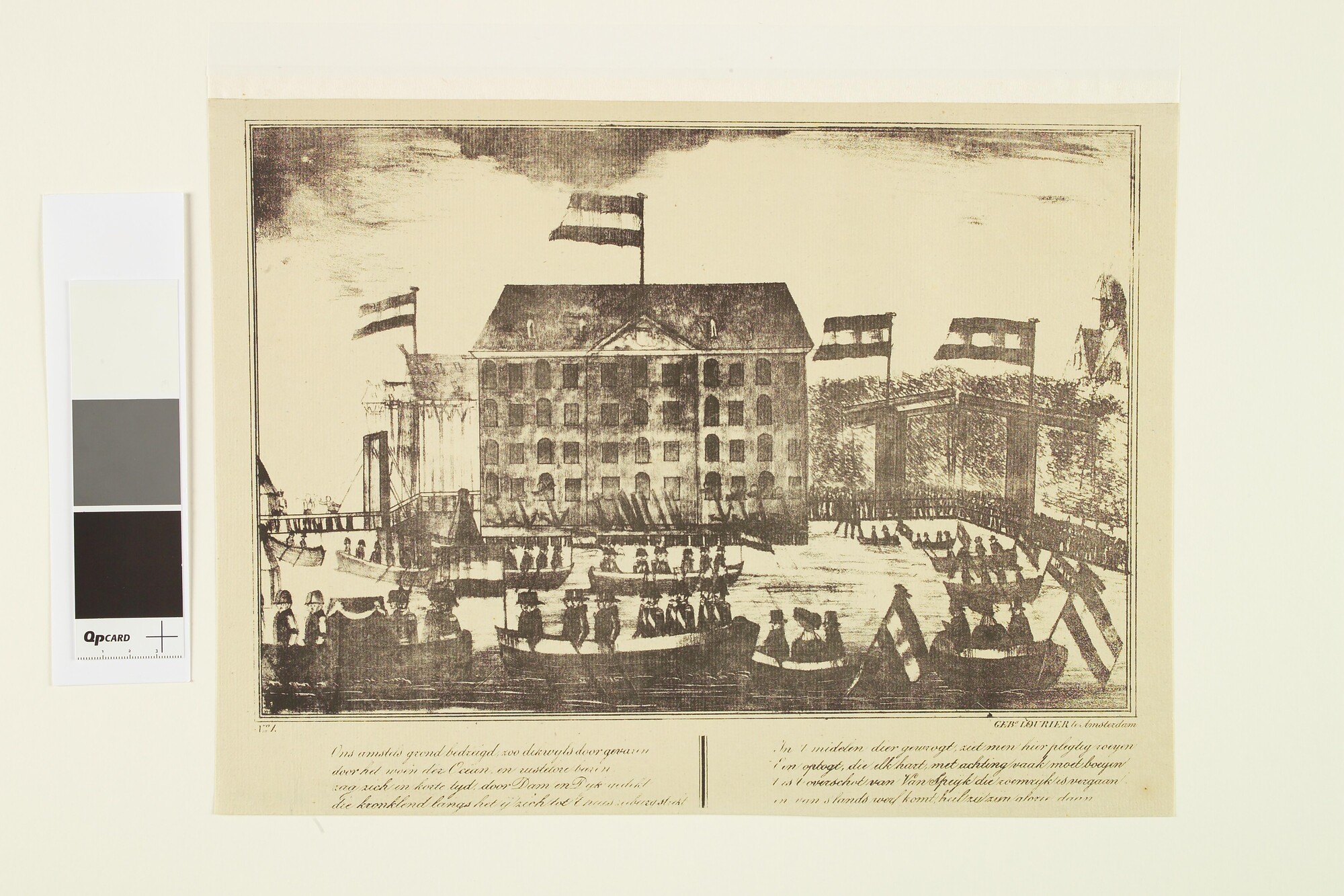 A.0482(03)05; Plechtige lijkvaart van Van Speyk te Amsterdam op 4 mei 1832 bij het Marine-magazijn op Wittenburg; prent