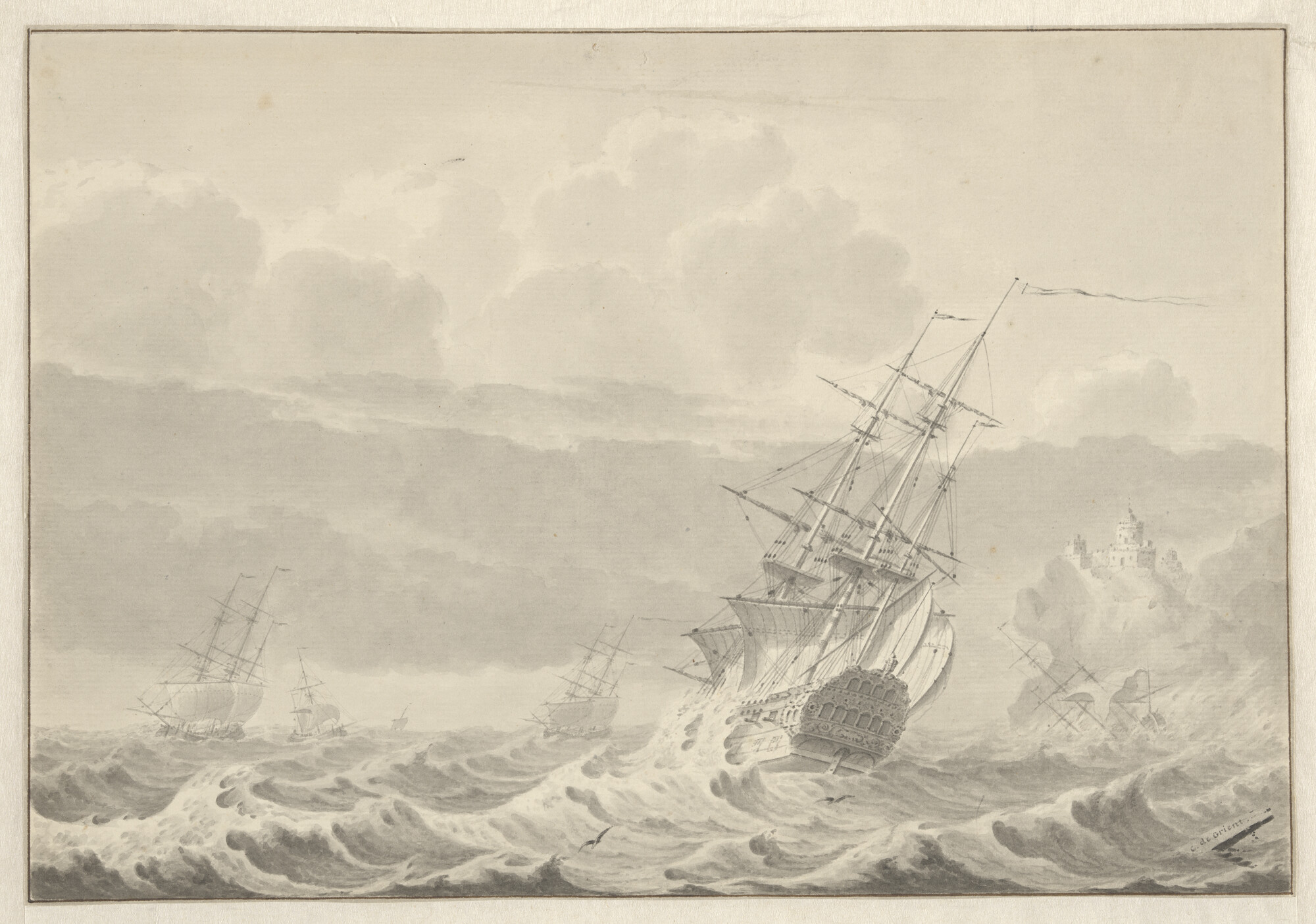 S.1119(01); Driemastschepen in stormweer nabij een rotsachtige kust; tekening