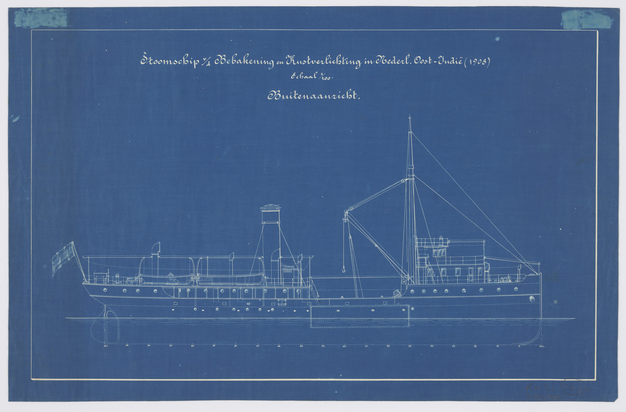 S.1171(03)01; Zijaanzicht aan stuurboord tot op de kiel van het stoomschip voor de Bebakening en Kustverlichting in Nederlands Oost-Indië Hr.Ms. 'Hoofdinspecteur Zeeman'; technische tekening