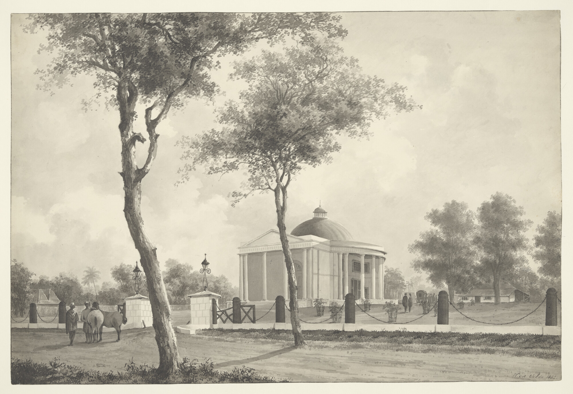S.2931(03)03; Gezicht op de Willemskerk in Weltevreden, dichtbij Batavia, op Java; tekening