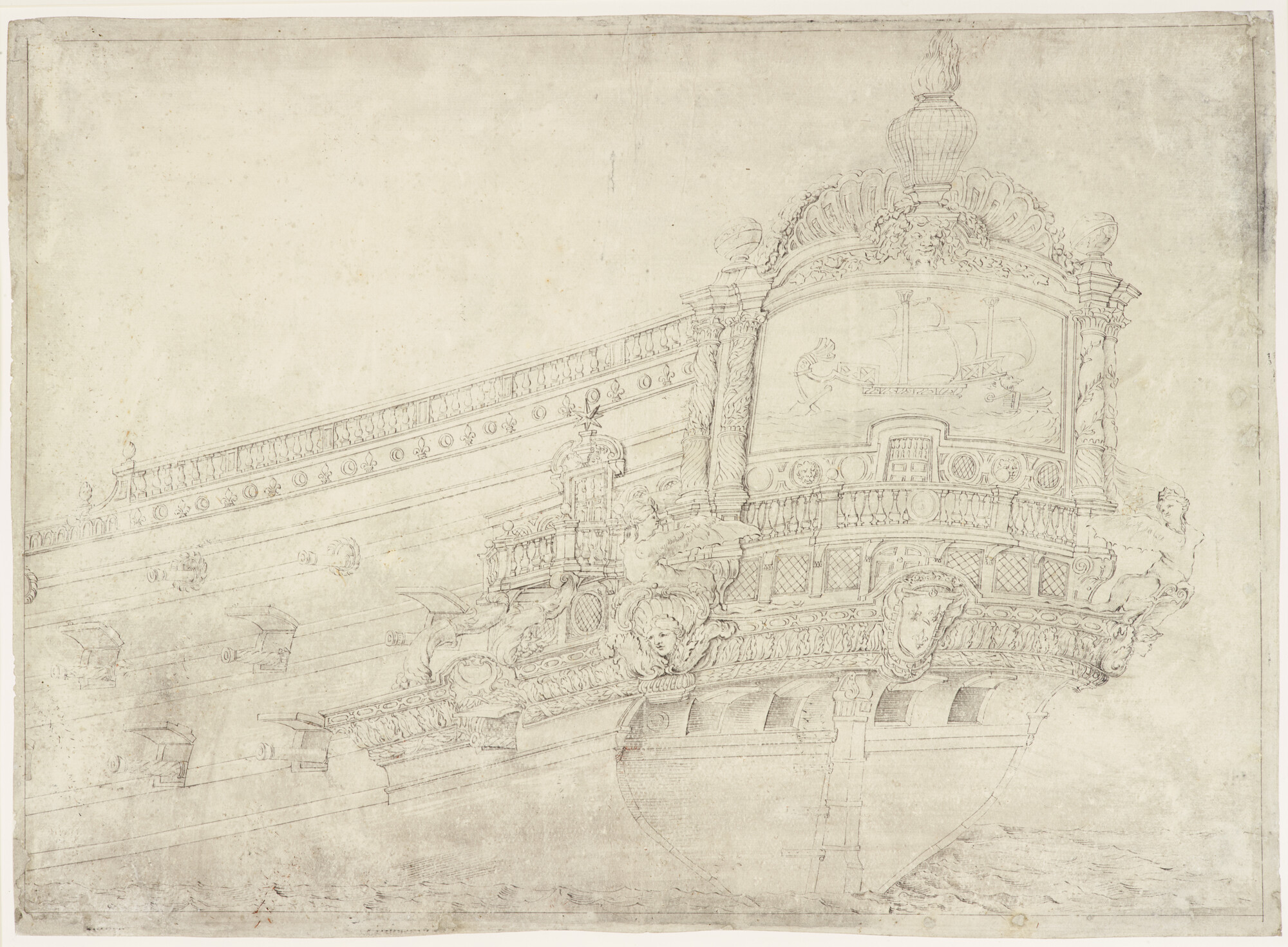 A.0149(0299); Het achterschip van het oorlogsschip 'Paris'; tekening