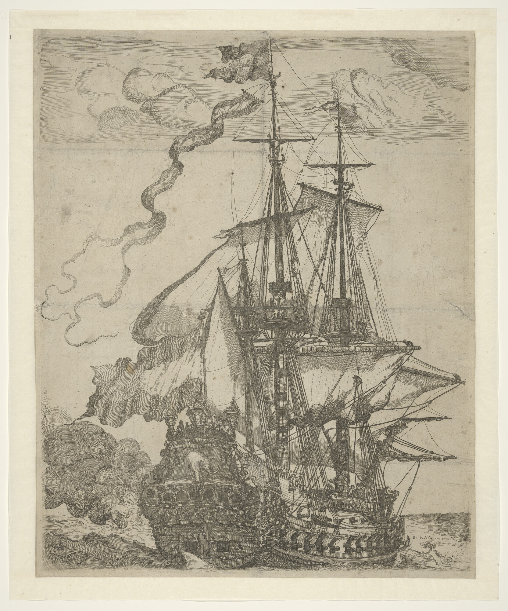 A.0149(0217); Een bewapende koopvaarder of oorlogsschip met op de spiegel een olifant; prent