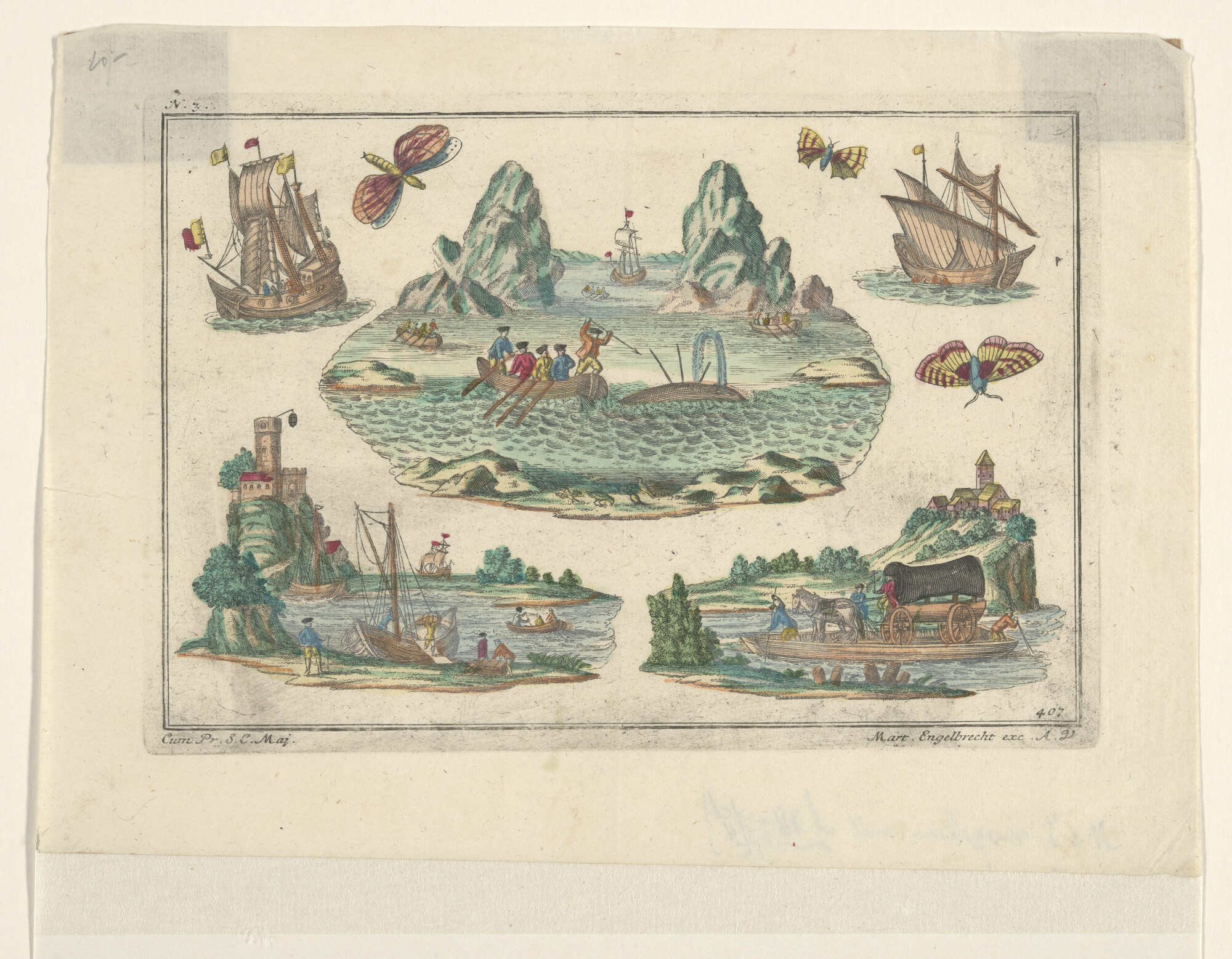 A.2897(04)d [nr 0002]; Blad met losstaande prentjes m.b.t. de scheepvaart en drie vlinders; prent