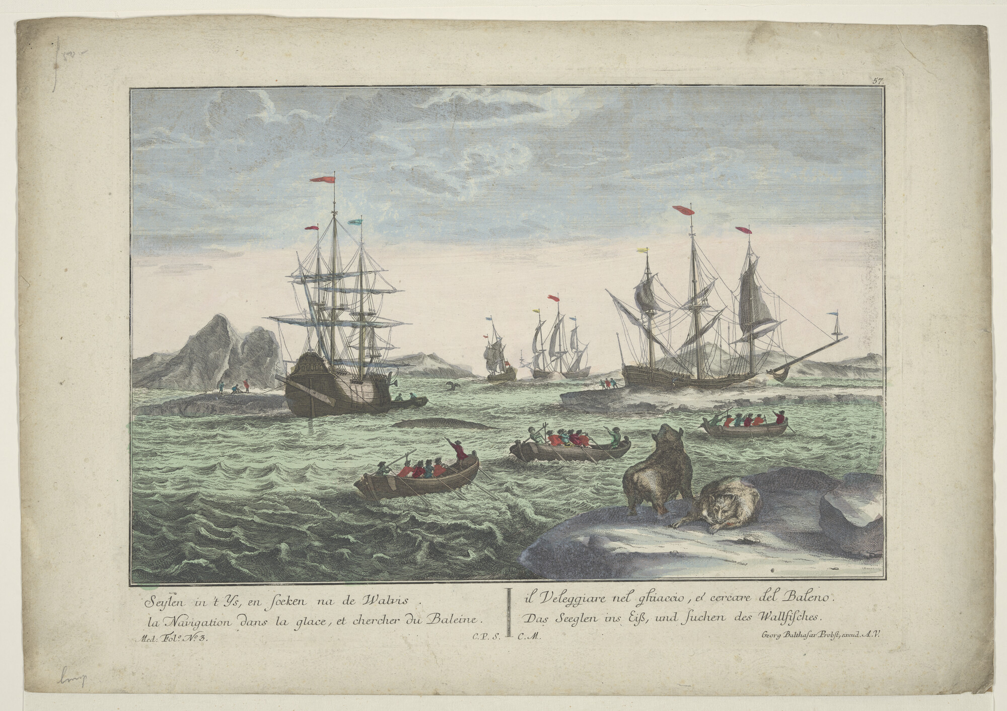 A.2897(04)d 2; De Walvisvangst: het zeilen tussen de ijsschotsen en het zoeken van de walvis; prent