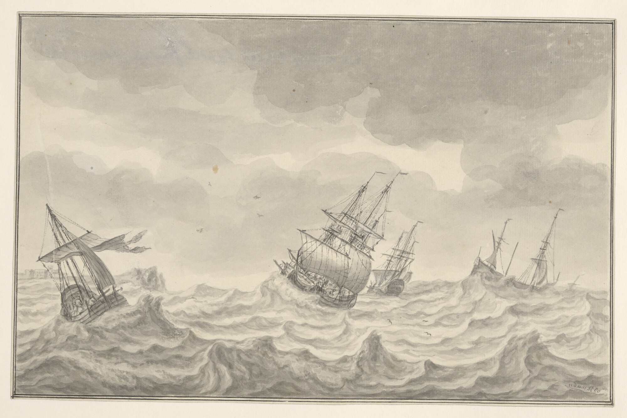 A.0149(0286); Driemastschepen in stormweer; tekening