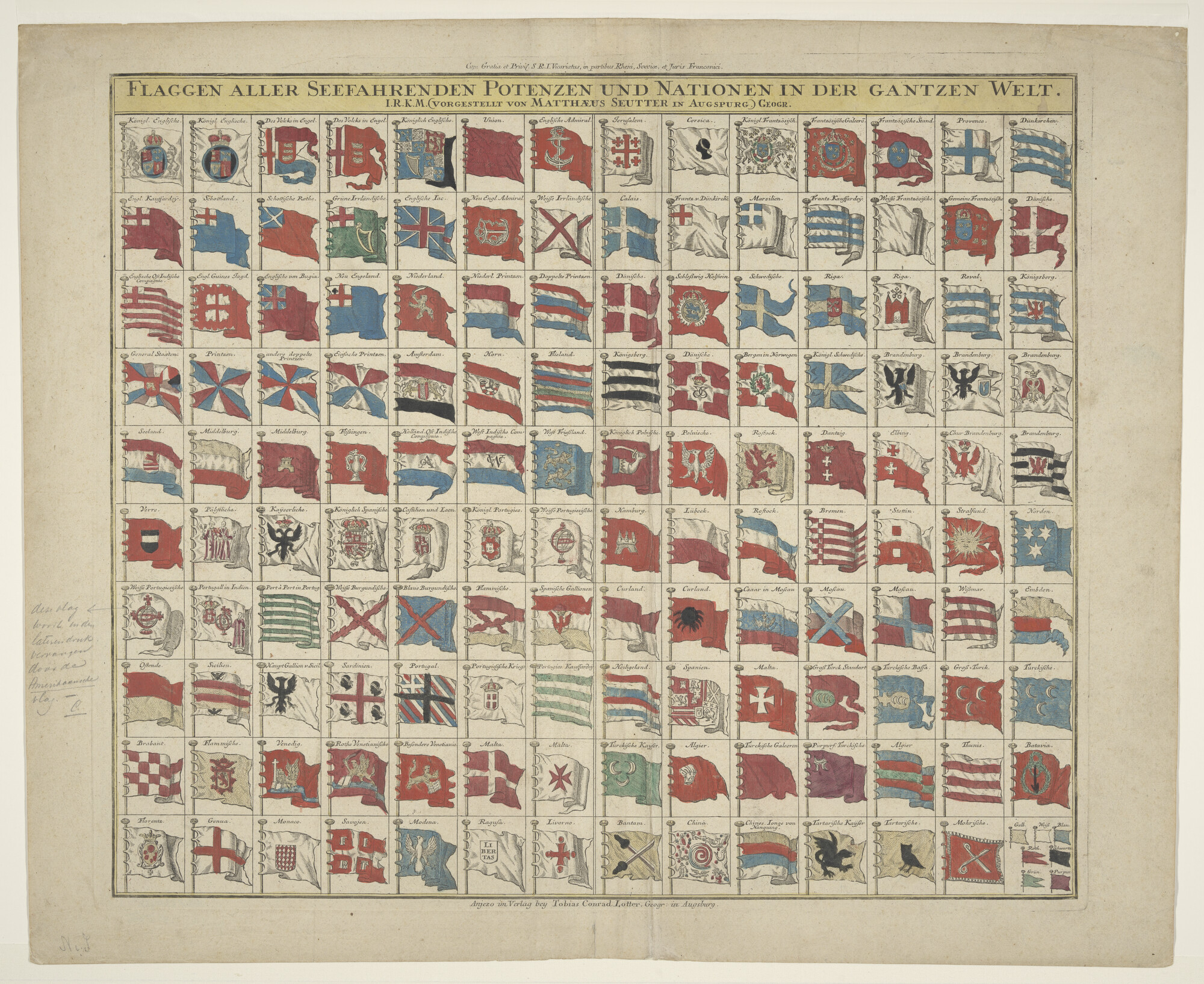 NII [volgnr. 00474]; Vlaggenkaart met 139 vlaggen van zeevarende naties; prent