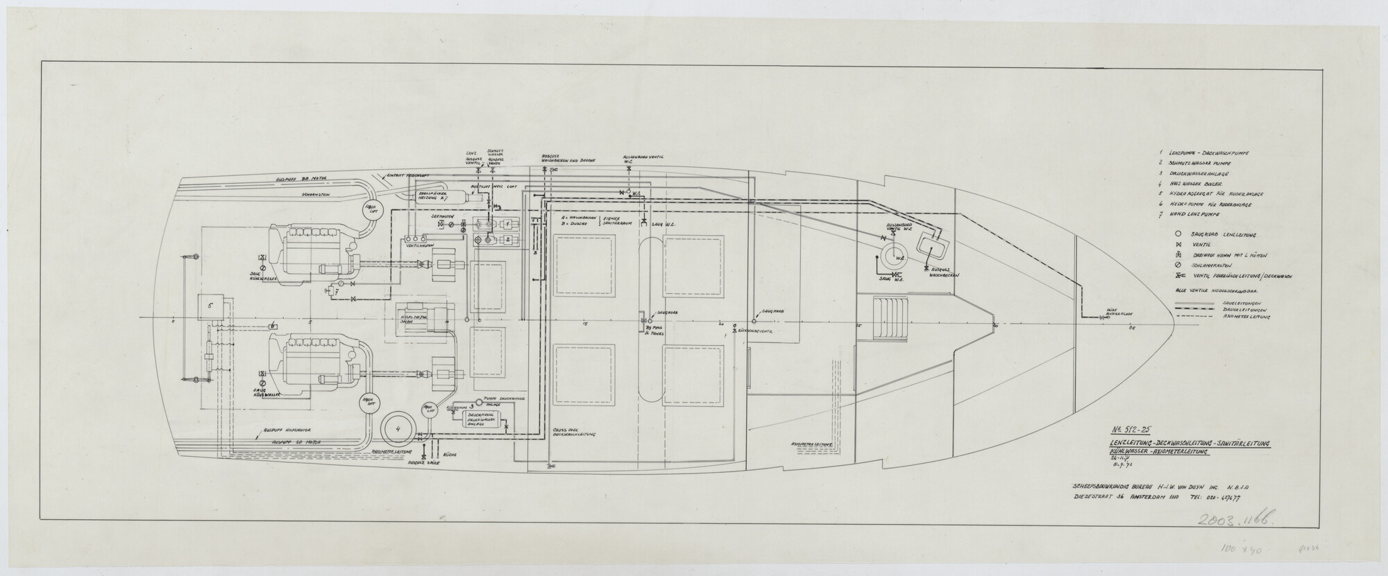 2003.1166; Leidingenplan van een 15.50 meter lang motorjacht; technische tekening
