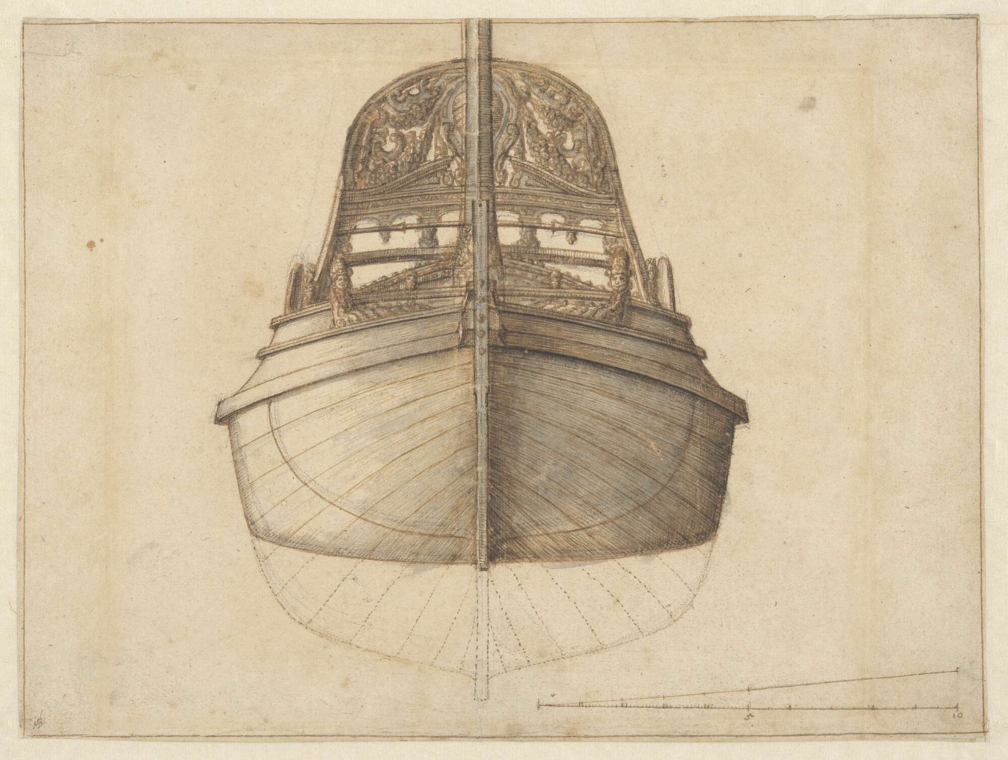 A.0149(0866); Vooraanzicht van een bezaanjacht; technische tekening