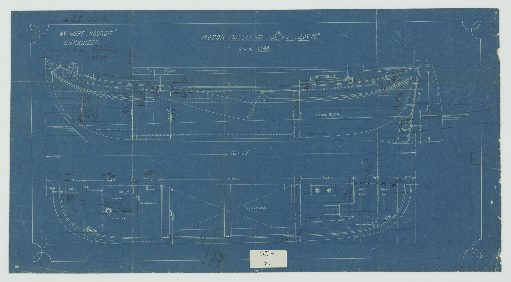 S.4827(0232); Algemeen plan van een motormosselaak; technische tekening