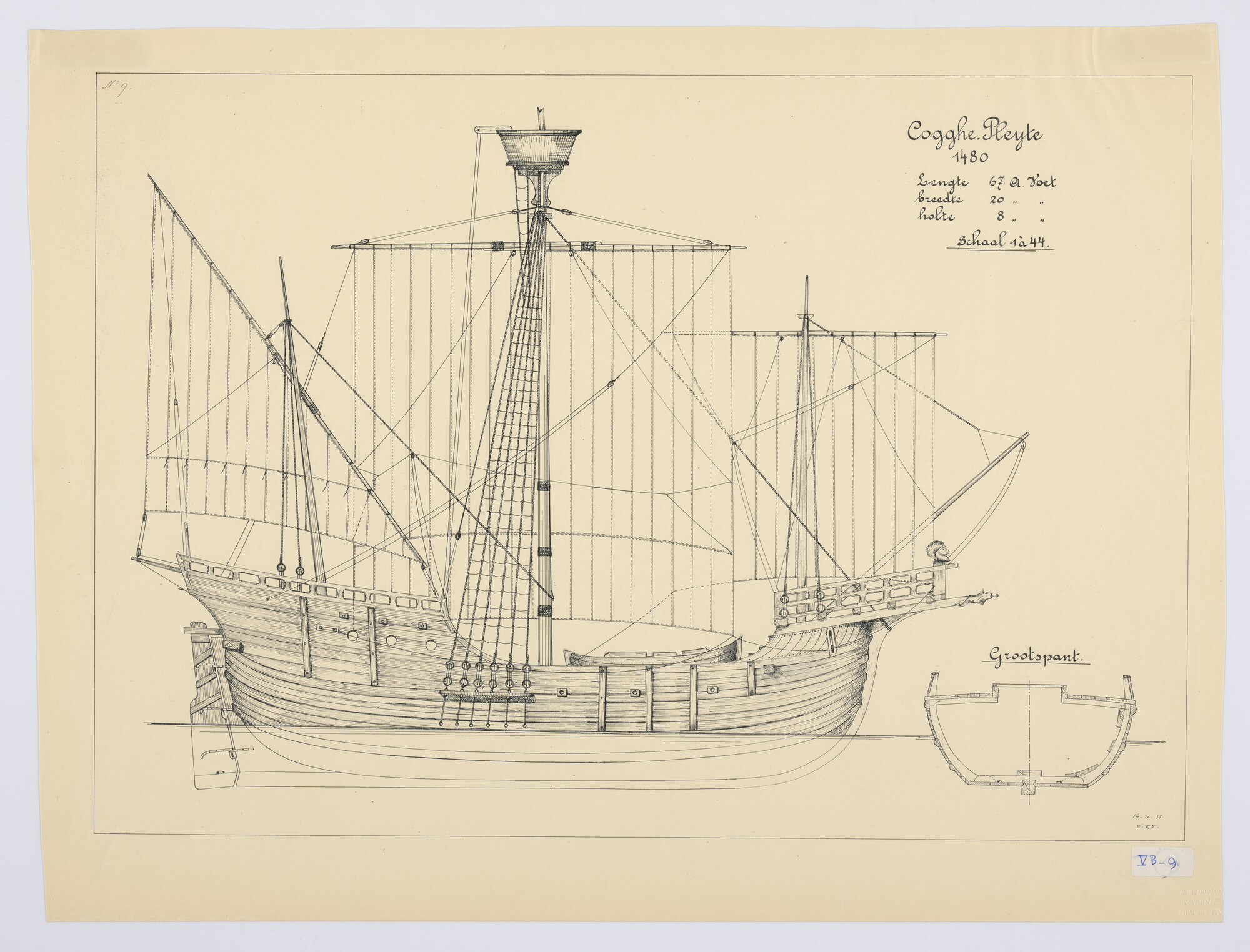 S.1203a(09); Zijaanzicht en Zeilplan Cogghe Pleyte anno 1480; technische tekening