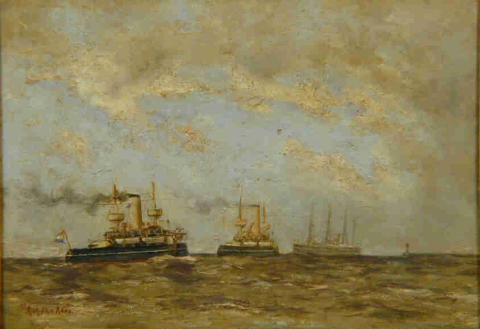 S.5680(02); Het pantserschip Hr.Ms. Evertsen en een Nederlands pantserschip; schilderij