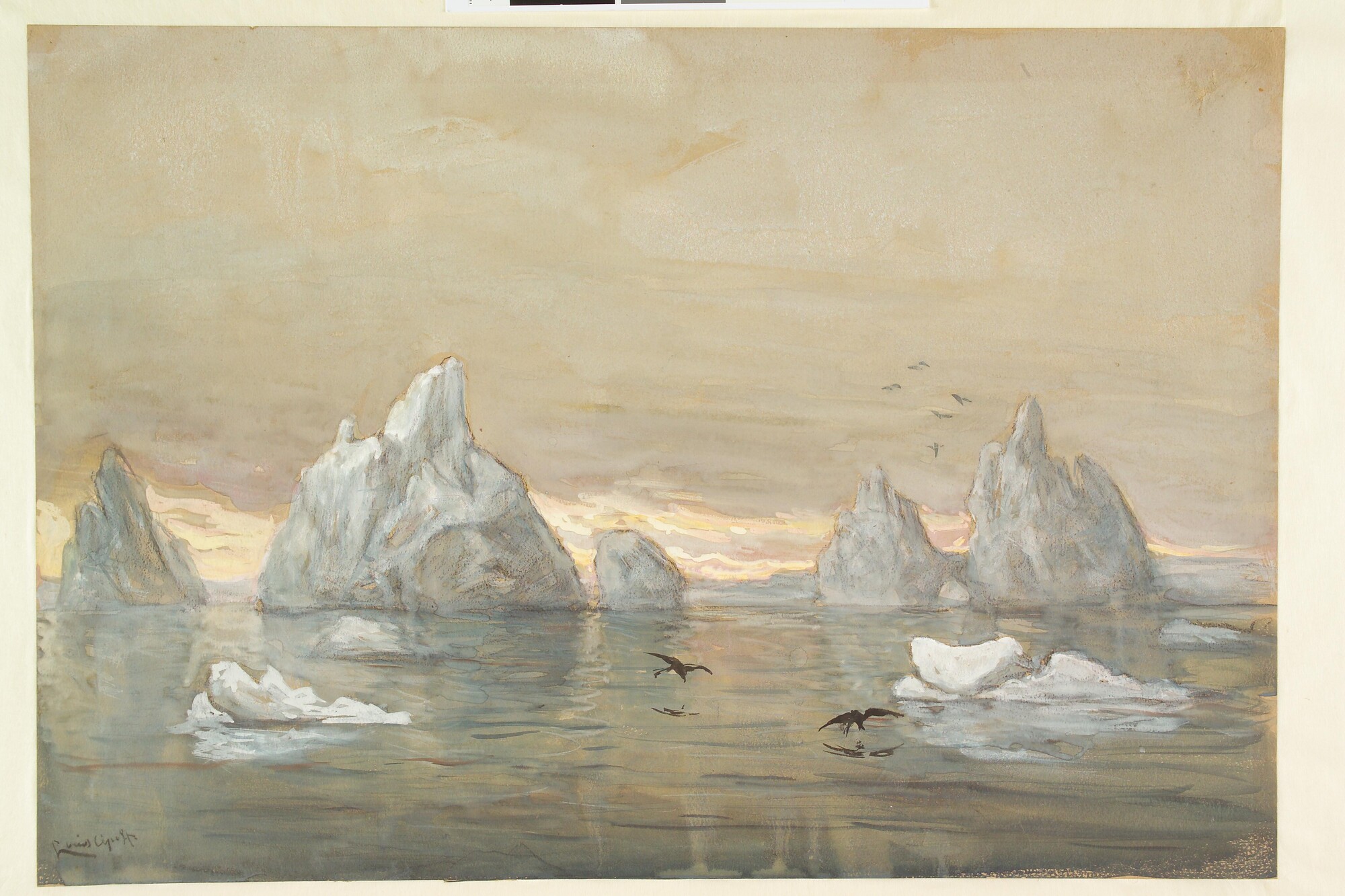 S.0394(03); IJsbergen en vogels op de Noordelijke IJszee; tekening