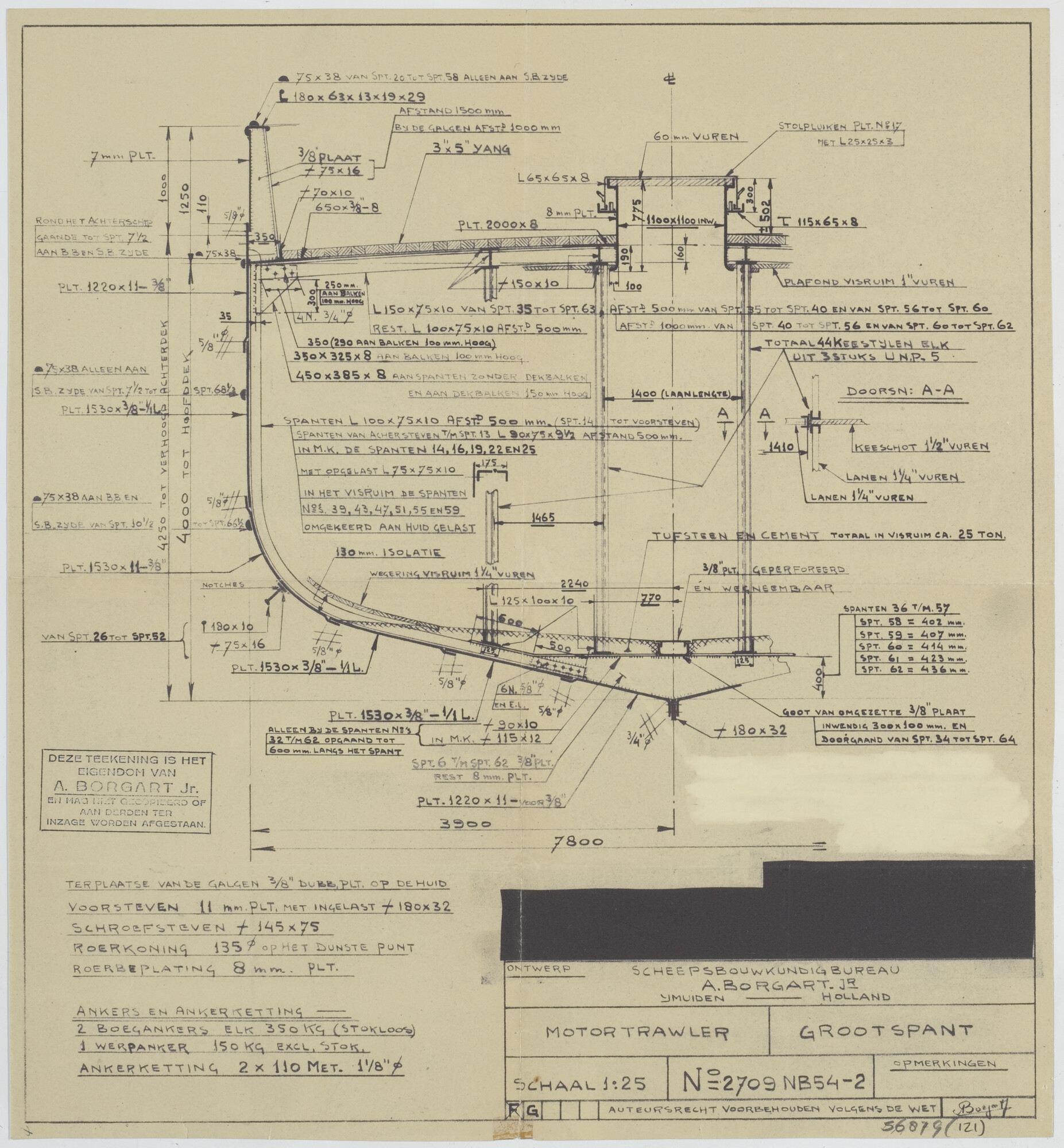 S.6879(121); Grootspant van de motortrawlers 'Amsterdam' en 'Willem van der Zwan' (IJM 28); technische tekening