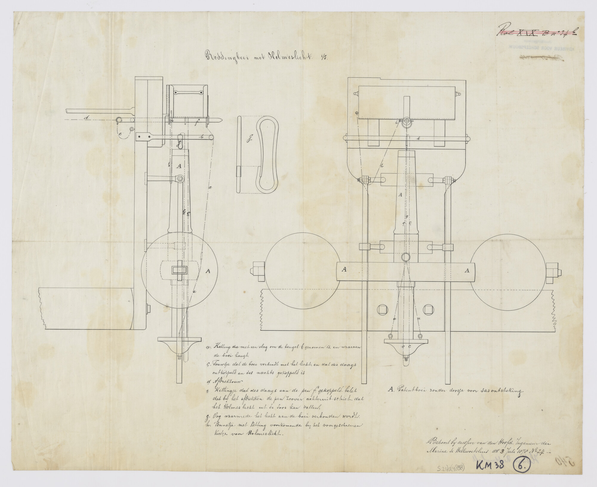 S.2175(4898); Doorsneden van een reddingboei met Holmeslicht; technische tekening