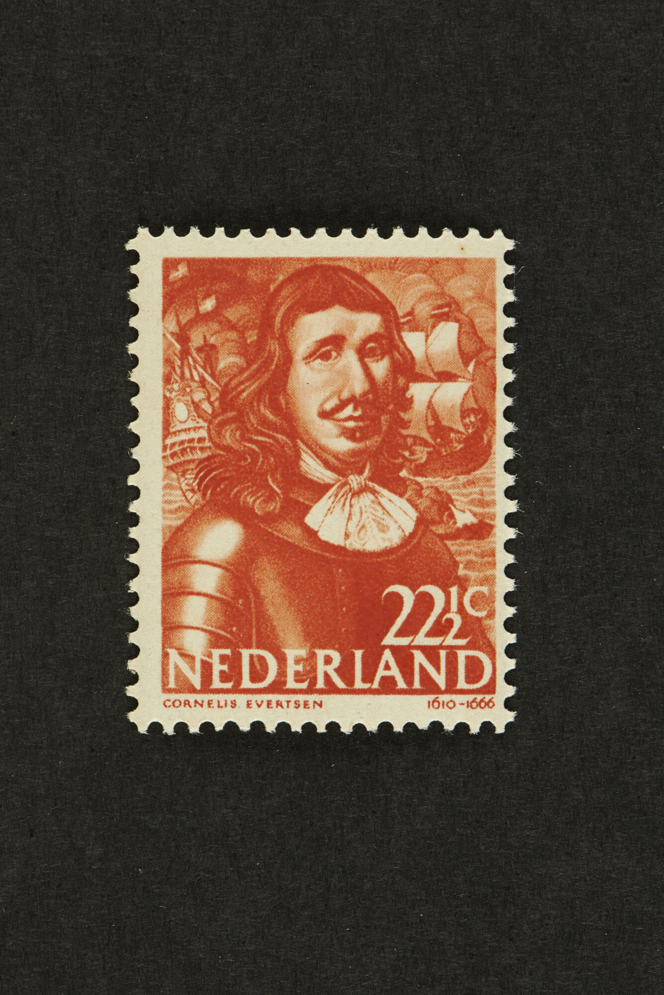 2014.0306; Postzegel van 22 1/2 cent uit de Zeehelden-serie van 1943-1944: C. Evertsen; postzegel