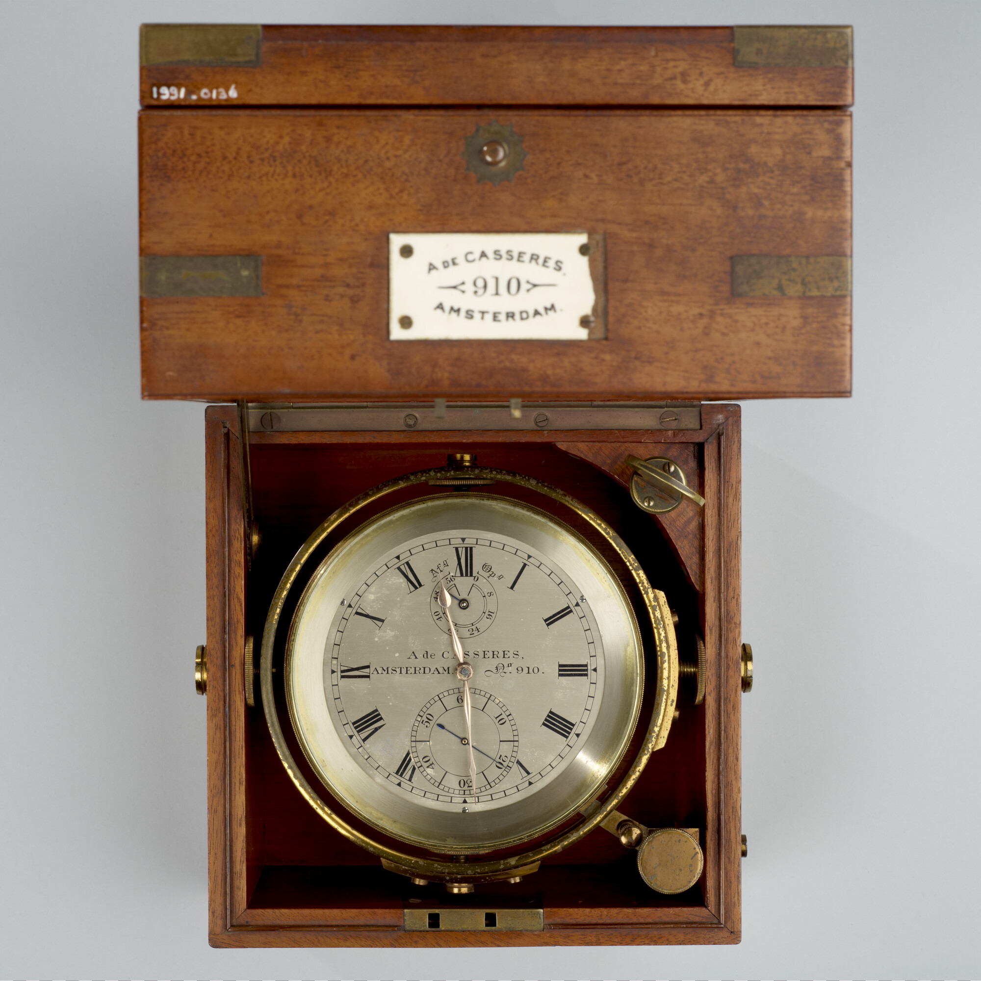 1991.0136; Tijdmeter nummer 910 door Abraham de Casseres, Amsterdam, circa 1885; tijdmeter