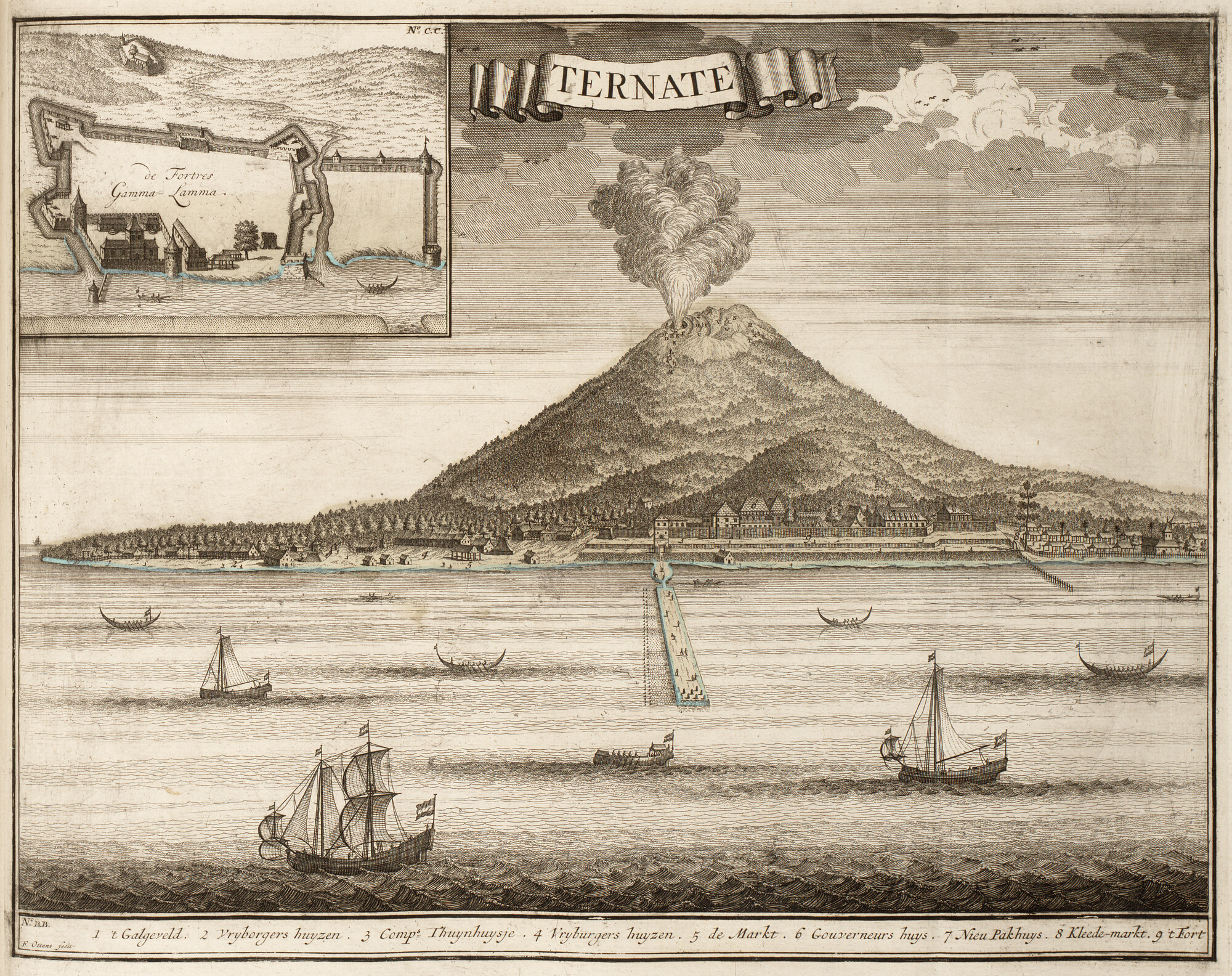 B.0032(109)6 [kaart 156]; Aanzicht van eiland Ternate met het fort 'Gamma Lamma' uit Valentijn's Oud en; prent