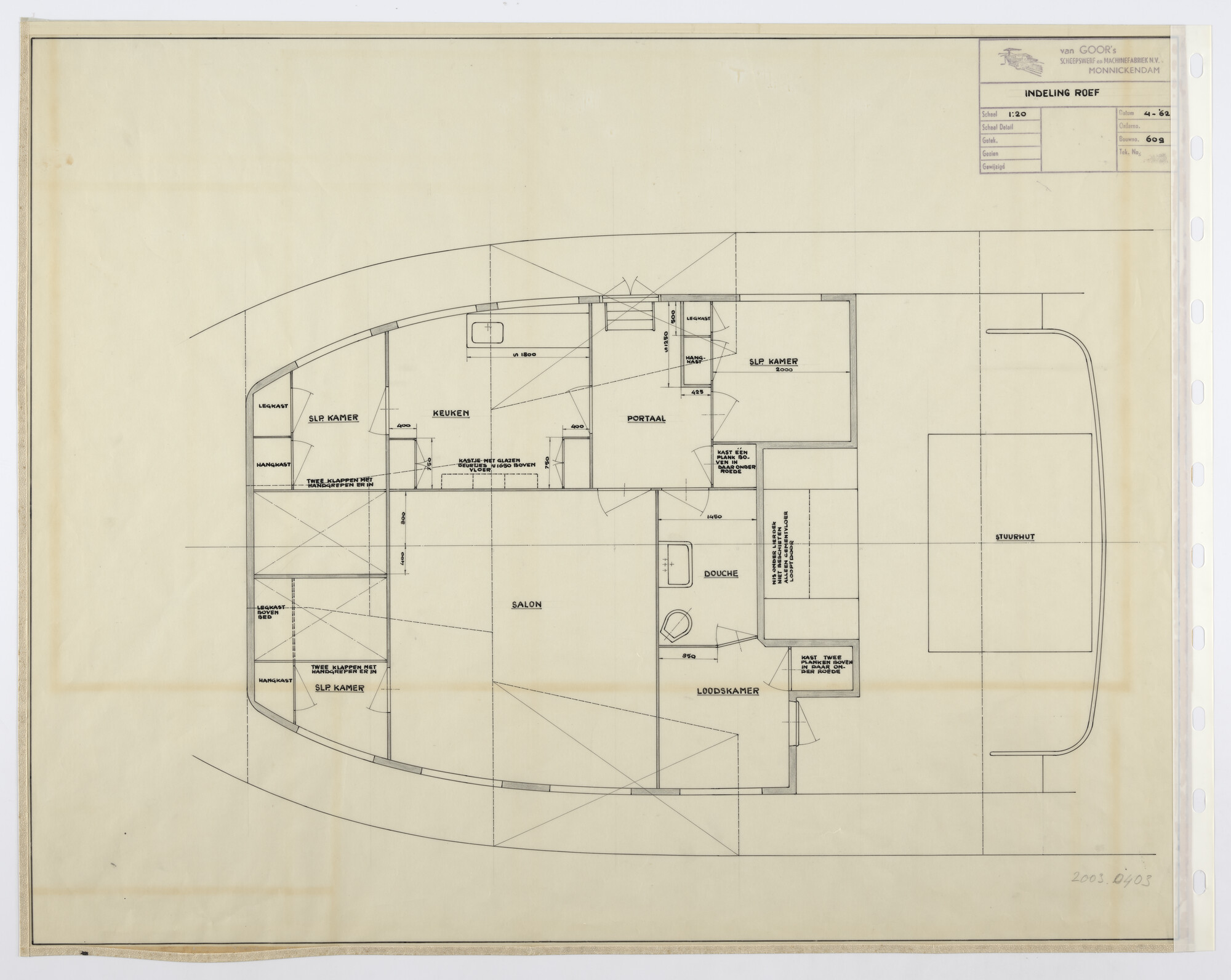 2003.0403; Indeling roef. Indeling van de woning op het achterschip van een 79.50 meter lang motorvrachtschip; technische tekening
