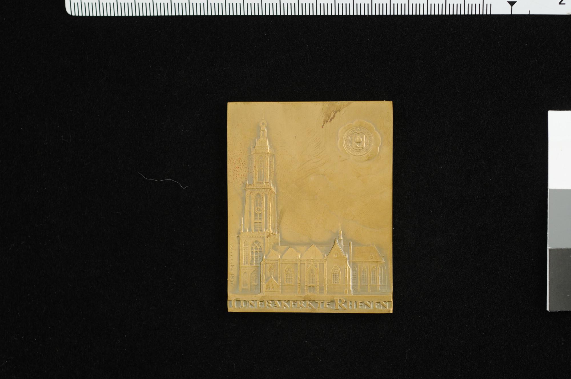 1989.0045; Steunpenning op de restauratie van de Cunerakenkerk te Rhenen, 1936; plaquette