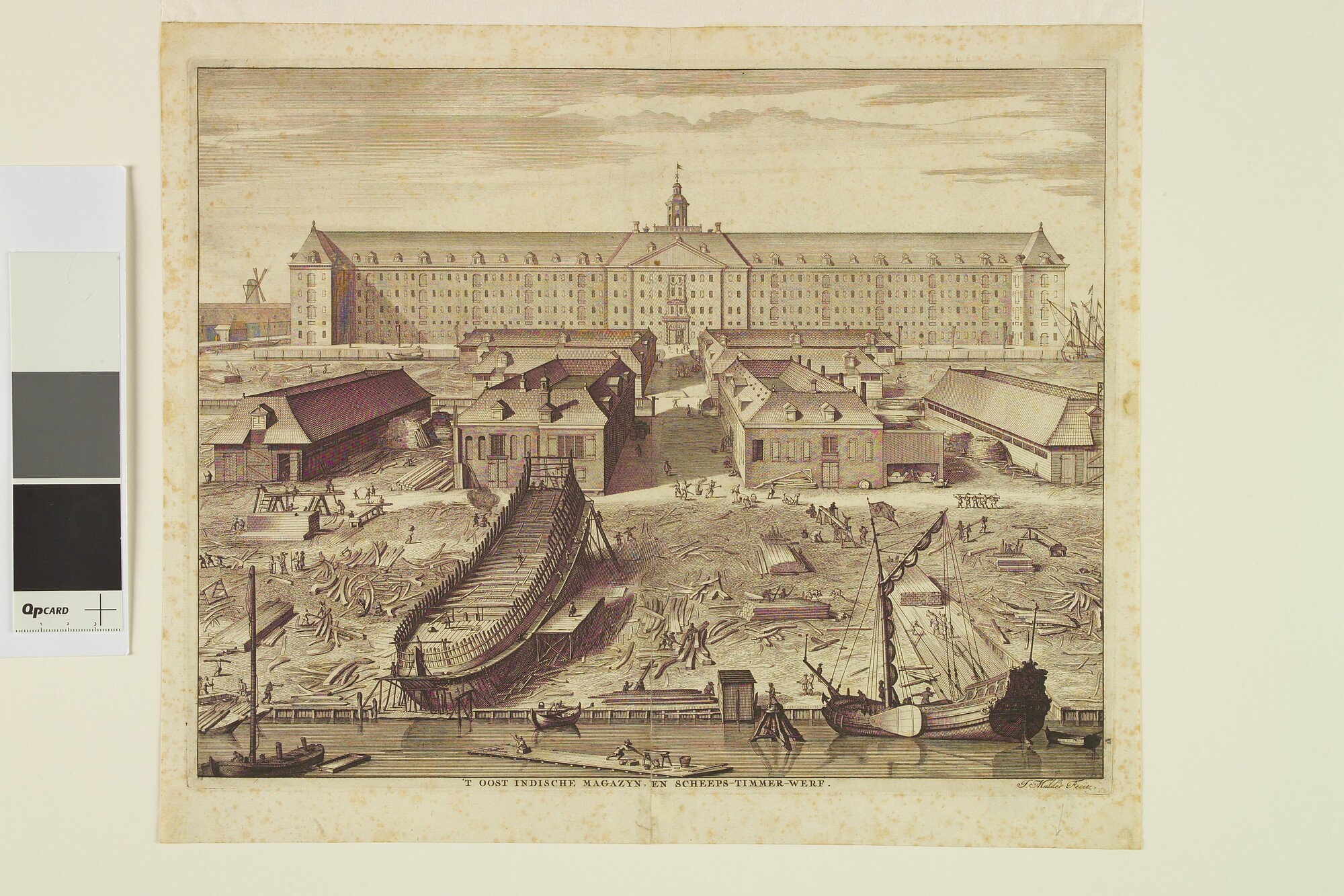 A.0149(0772); Het Oostindisch Zeemagazijn en de scheepstimmerwerf; prent