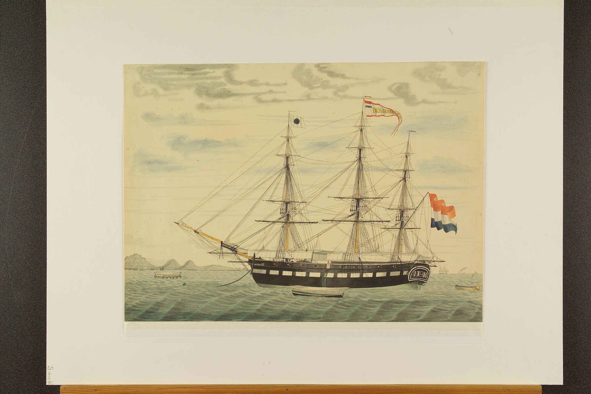 S.1603(65); Het fregatschip Drie Gebroeders voor anker liggend; tekening