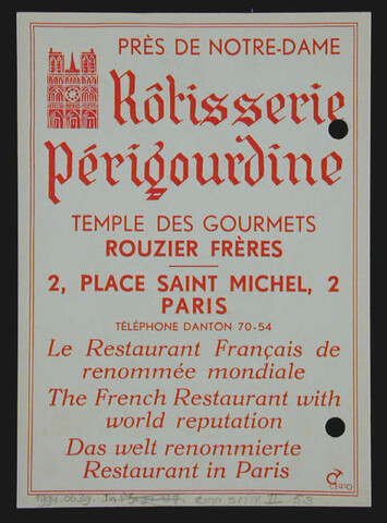 1994.0639; Folder voor op tafel met aanbeveling voor een restaurant in Parijs in drie talen met als extra aanbieding een 'champagne coupe voor 0.65 '; menukaart