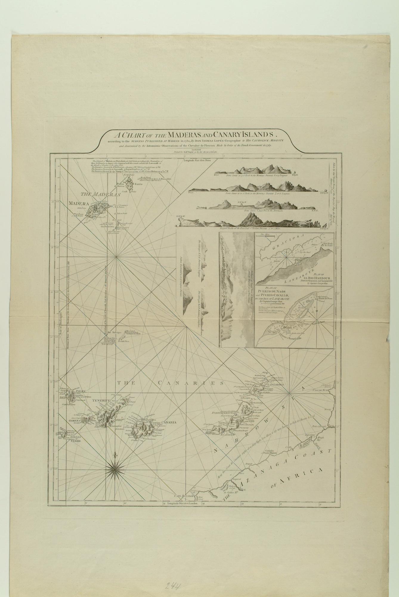 A.2249(02); Kaart van Madeira en de Canarische Eilanden door Don T. Lopez de Vargas; zeekaart