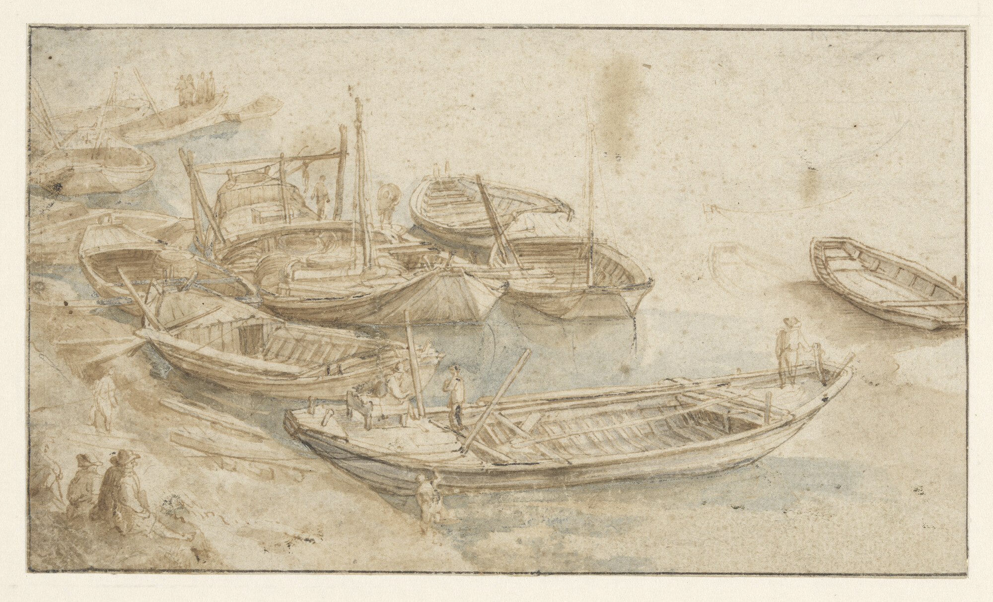 A.5170(01); Rivierschepen afgemeerd aan een scheepswerf; tekening