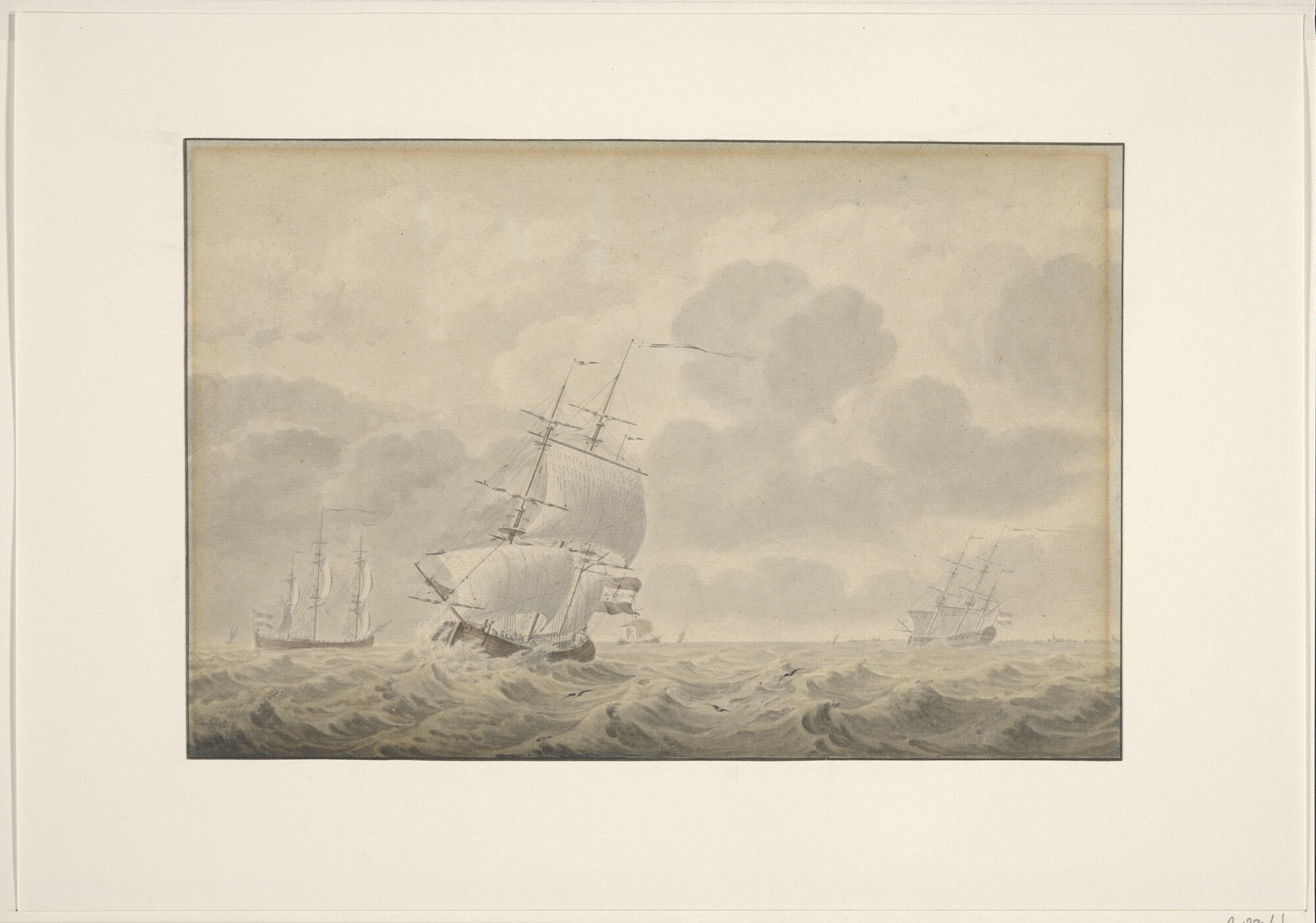 A.1882(a); Een kofschip en andere schepen op een rede; tekening