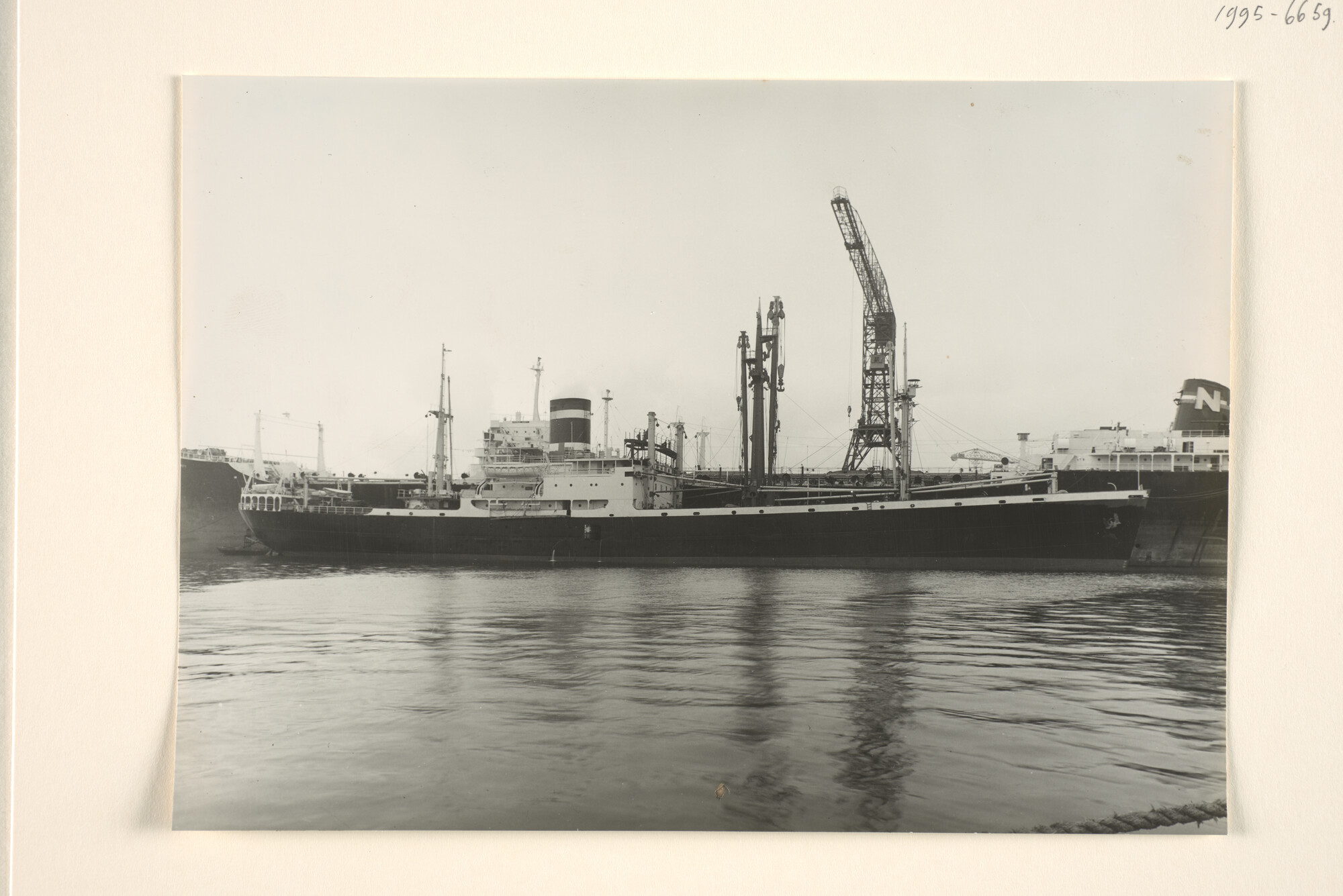 1995.6659; Het vrachtschip ms. Delft (ex- Cape Sable en Fort Nassau) ligt bij de Nederlandsche Dok en Scheepsbouw Maatschappij te Amsterdam afgemeerd [...]; foto